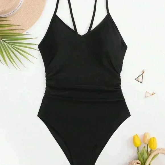Black Women's Summer Beach Cut Out Ring Linked One Piece Swimsuit - Picture 6 of 8